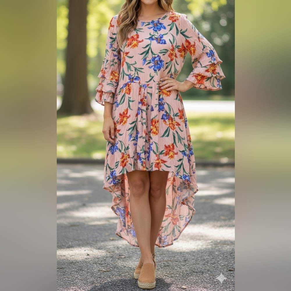 Truth + Style Floral Boho High-Low Ruffle Tiered Sleeve Dress